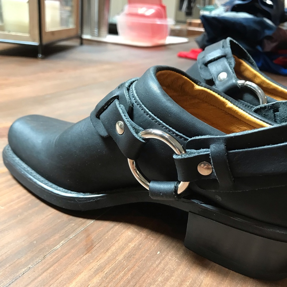 Authentic Frye belted harness mule boots